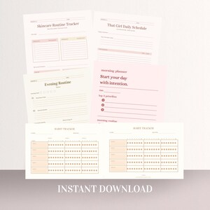 Könnte beinhalten: Eine Sammlung druckbarer Planerseiten in Rosa- und Cremetönen. Die Seiten umfassen einen Hautpflege-Routine-Tracker, einen Tagesplan, eine Abendroutine, Gewohnheitstracker und einen Morgenplaner mit dem Text "Start your day with intention."