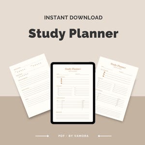 Könnte beinhalten: Ein digitaler Studienplaner mit minimalistischem Design. Das Bild zeigt ein schwarzes Tablet mit einem Planer-Layout, flankiert von zwei gedruckten Planerblättern. Der Text "Study Planner" ist prominent, zusammen mit "Instant Download" und "PDF - BY VAMORA".