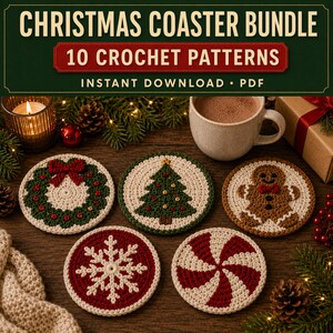 Christmas Coaster Crochet Pattern Bundle, 10 Holiday Mug Rug Designs, Wreath Snowflake Gingerbread Tree, Instant Download PDF.