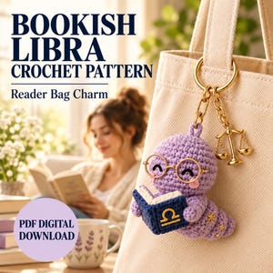 Libra Crochet Pattern PDF, Book Lover Bag Charm, Lavender Reader Amigurumi and Mini Book, Zodiac Keychain Pattern, DIY Birthday Gift for Her