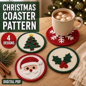 May include: Four circular crochet coasters featuring Christmas designs including a Santa Claus face, a decorated pine tree, a white snowflake on a red background, and green holly leaves with red berries, presented as a digital PDF pattern.