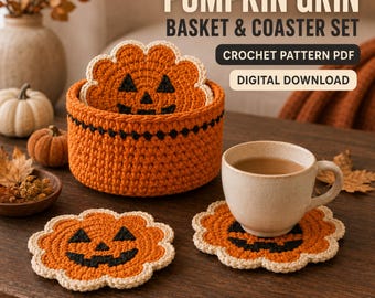 May include: A crochet pattern PDF for a PUMPKIN GRIN BASKET & COASTER SET. The set includes a round orange basket with a black stitched rim and pumpkin-shaped coasters with black jack-o'-lantern faces and cream-colored scalloped edges.