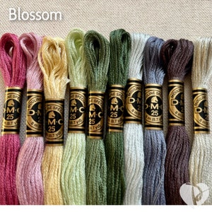 May include: A collection of DMC embroidery floss in various colors, including pinks, yellows, greens, and blues. Each skein is labeled with "DMC 25" and "8 m (8.7 yd)" and the word "Blossom" is at the top.