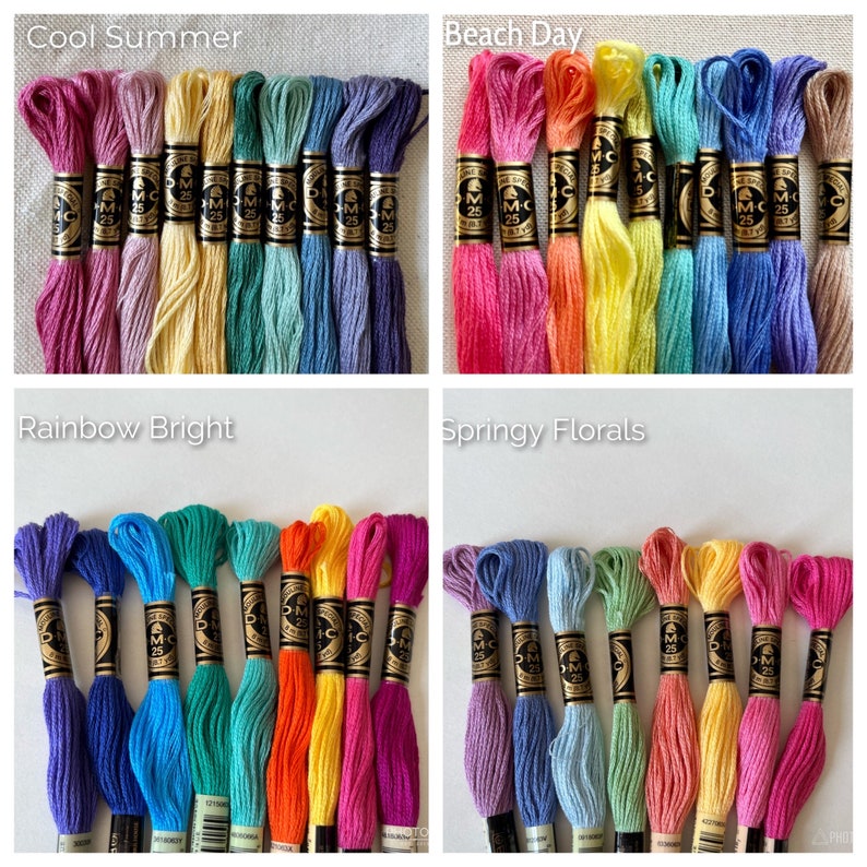 Puede incluir: Surtido de carretes de hilo de bordar DMC en varios colores, organizados en cuatro grupos: Cool Summer, Beach Day, Rainbow Bright y Springy Florals. Cada grupo presenta una gama de tonos, de claro a oscuro.