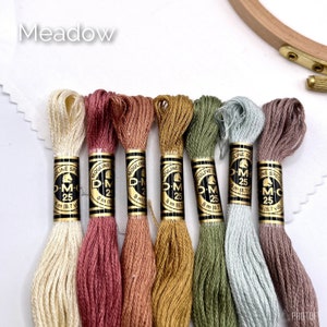 May include: Six spools of DMC embroidery floss in various shades of beige, pink, brown, gold, green, and gray. The spools are labeled "DMC" and "Mouline Special" with the number "25" printed on each spool.