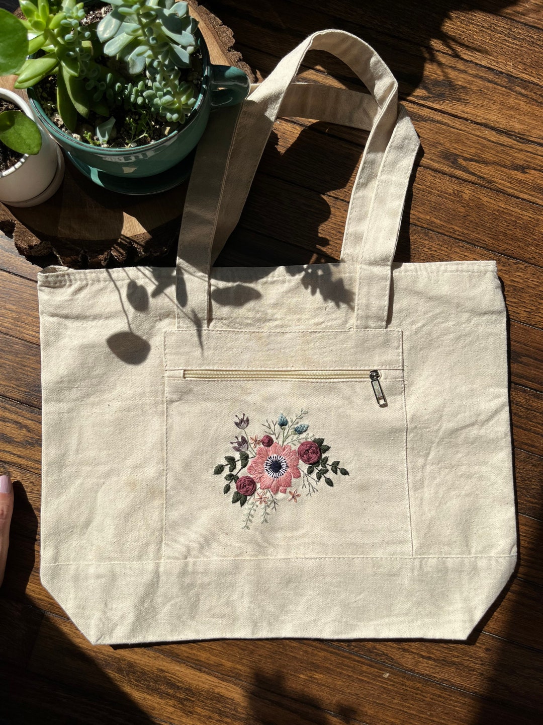 Embroidered Tote Embroidered Bag Canvas Zippered Tote - Etsy