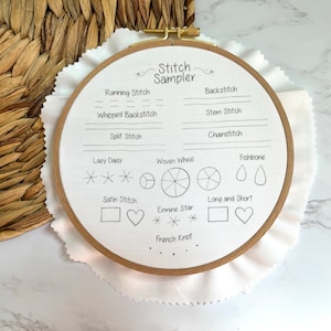 Op de afbeelding: Een witte borduurring met beige stof erover gespannen. De stof heeft verschillende borduursteken en namen erop geschreven, waaronder "Loopende steek", "Terugsteek", "Gezwepen terugsteek", "Steel steek", "Gespleten steek", "Kettingsteek", "Lui madeliefje", "Geweven wiel", "Visgraat", "Satijnsteek", "Hermelijnster", "Lang en kort", en "Franse knoop".