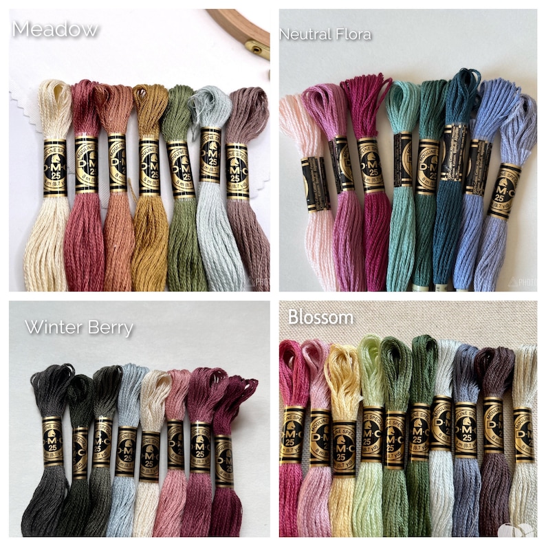 Puede incluir: Surtido de carretes de hilo de bordar DMC en varios colores, incluyendo beige, rosa, rojo, verde, azul y marr&oacute;n. El hilo est&aacute; organizado en cuatro grupos etiquetados como "Meadow", "Neutral Flora", "Winter Berry" y "Blossom".
