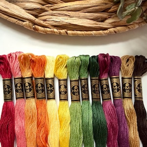 Puede incluir: Una colección de doce madejas de hilo de bordar DMC dispuestas en fila, con un degradado de colores que incluye rojo, rosa, naranja, amarillo, verde, morado y marrón. Cada madeja tiene una etiqueta de papel dorado con el texto DMC 25.