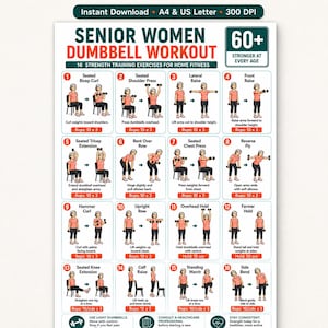 Puede incluir: Un póster digital titulado Senior Women Dumbbell Workout que presenta 16 ejercicios de entrenamiento de fuerza numerados. Cada sección incluye ilustraciones de una persona realizando movimientos con mancuernas, texto descriptivo y conteo de repeticiones.