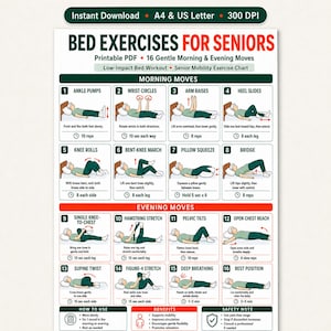 Może przedstawiać: Tabela ćwiczeń w formacie PDF do druku zatytułowana BED EXERCISES FOR SENIORS, zawierająca 16 ilustrowanych ćwiczeń o niskim wpływie, podzielonych na poranne i wieczorne rutyny. Każde ponumerowane pole pokazuje osobę wykonującą ćwiczenie.