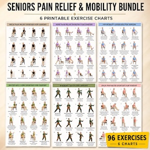 May include: A collection of six printable exercise charts titled Seniors Pain Relief & Mobility Bundle, featuring 96 total exercises. Each chart displays illustrated figures performing movements for neck, knee, hip, core, walking, and back pain relief.