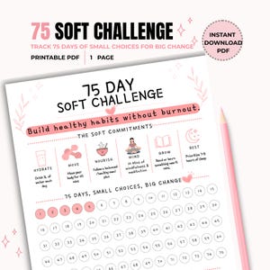 75 mjuka utmaningar utskrivbara PDF | Daglig vana- och fitnesstracker | Enkel hälso- och disciplinplanerare