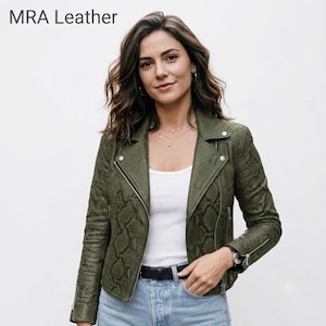 Womens Olive Green Python Embossed Leather Biker Jacket – Genuine Moto Coat