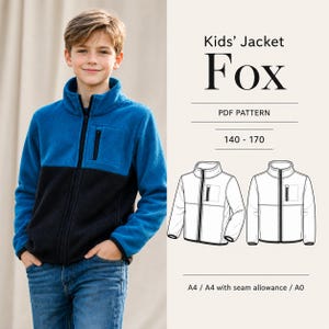 May include: A blue and black fleece jacket with a zipper closure and a small chest pocket. The image also includes the text "Kids' Jacket Fox PDF Pattern 140-170". The jacket is worn by a young person.