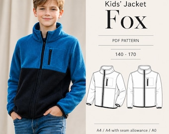 Może przedstawiać: Niebiesko-czarna kurtka polarowa z zapięciem na zamek i małą kieszenią na piersi. Obraz zawiera tekst "Kids' Jacket Fox PDF Pattern 140-170". Kurtkę nosi młoda osoba.