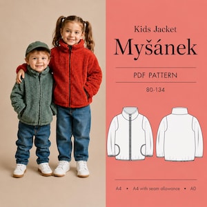 Könnte beinhalten: Ein digitales PDF-Schnittmuster für eine Kinderjacke namens Myšánek in den Größen 80-134. Das Bild zeigt eine grüne Fleecejacke und eine rote Fleecejacke sowie eine technische Strichzeichnung mit Vorder- und Rückansicht der Jacke.