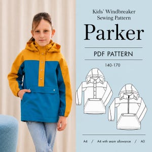 Pode incluir: Um molde de costura para um corta-vento infantil chamado Parker, apresentando uma jaqueta color-block em amarelo mostarda e azul com capuz, carcela frontal e bolso. A imagem inclui desenhos técnicos e o texto: Kids' Windbreaker Sewing Pattern.