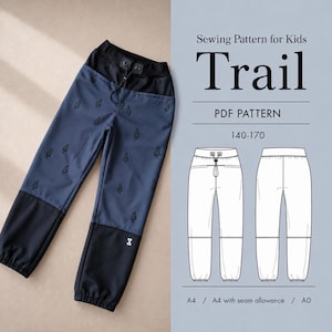 May include: A sewing pattern for kids' trousers titled Trail, featuring a blue pair of trousers with a black waistband, black cuffs, and a small black pine tree print. The image includes a technical line drawing of the trousers and text: Sewing Pattern for Kids Trail, PDF PATTERN, 140-170, A4, A4 with seam allowance, A0.
