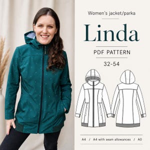 Puede incluir: Una chaqueta verde azulado con capucha y lunares blancos. La chaqueta tiene cierre de cremallera y bolsillos. La imagen también incluye un dibujo lineal de la chaqueta y el texto "Linda PDF PATTERN 32-54".