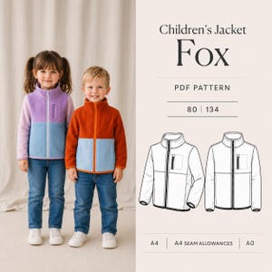 May include: Two children wearing color-blocked fleece jackets with a zipper closure and a small chest pocket. The jackets are in shades of purple, blue, and orange. The text on the image reads "Children's Jacket Fox PDF Pattern".