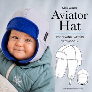 May include: A light gray aviator hat with a bright blue fleece lining, featuring the text Kids Winter Aviator Hat PDF SEWING PATTERN SIZES 40-58 cm A4 with seam allowances and a line drawing of the hat design on a light background.