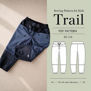 May include: A pair of blue and black kids' Trail pants with a tree pattern, next to a sewing pattern diagram. The text on the image reads "Sewing Pattern for Kids Trail PDF Pattern 80-134".