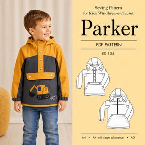May include: A sewing pattern for a kids windbreaker jacket titled Parker, featuring a PDF pattern for sizes 80-134. The jacket is mustard yellow and dark gray with a hood, snap buttons, and a graphic of a yellow construction excavator.