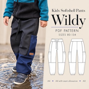 May include: Kids softshell pants PDF pattern titled Wildy for sizes 80-134. The image shows pants with a black upper section and dark blue lower section, featuring a drawstring waist and side pockets, alongside a technical line drawing of the design.