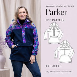 May include: A navy blue windbreaker jacket with a floral pattern on the hood and sleeves is modeled by a woman. The jacket has a large front pocket and a hood. The text "Parker" and "PDF PATTERN" are visible. Sizes XXS-XXXL are available.