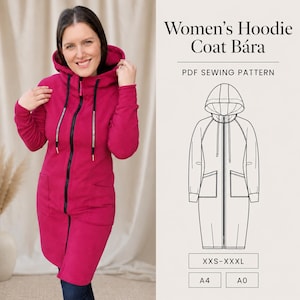 Op de afbeelding: Een magenta hoodie jas met een zwarte rits en zilveren accenten. De jas heeft een capuchon en zakken. De afbeelding bevat ook een lijntekening van de jas en de tekst "Women's Hoodie Coat Bára PDF Sewing Pattern".