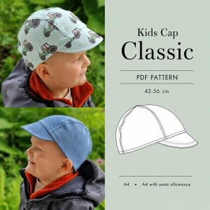 以下が含まれることがあります： サイズ42-56cmのKids Cap Classic PDFパターン。画像には、緑色のトラクター柄のライトブルーのキャップと、無地のブルーのキャップが表示されています。キャップの線画には、A4および縫い代付きA4を示すテキストが含まれています。