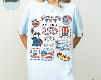 Camiseta de collage con diseño de álbum de recortes del 4 de julio, Collage Coquette Semiquincentenario de América 250 Aniversario, Camiseta Doodle USA Proud Patriot