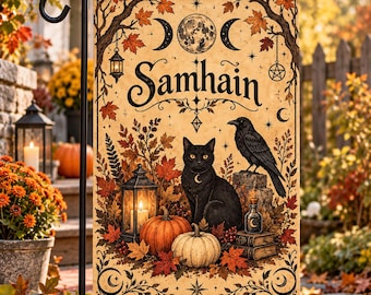 Samhain Garden Flag, Vintage Black Cat & Raven, Gothic Halloween Yard Decor, Pagan Autumn Outdoor Flag, Witchy Fall Garden Art