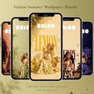 Puede incluir: Un paquete de fondos de pantalla para teléfonos con un tema de verano italiano. Cada teléfono muestra un diseño diferente, incluyendo un tema de limón, un tema de pistacho y un tema de helado de cereza. El texto "Italian Summer Wallpaper Bundle" está en la parte superior.