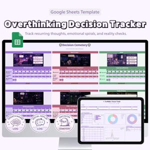 May include: A digital Google Sheets template titled Overthinking Decision Tracker displayed on a computer monitor and tablet. The interface features sections for tracking recurring thoughts, emotional spirals, and reality checks, including a Decision Cemetery, Overthinking Log, Social Replay Log, and various data charts.
