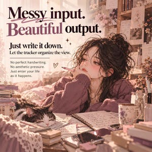 May include: A digital illustration featuring a person in a purple sweater writing at a desk with a sleeping cat, notebooks, and a floral mug. Text reads: Messy input. Beautiful output. Just write it down. Let the tracker organize the view.