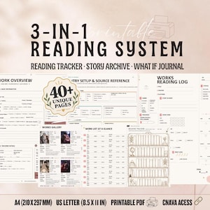 May include: A 3-in-1 printable reading system featuring a reading tracker, story archive, and what if journal. The document includes over 40 unique pages with sections for work overview, reading logs, and galleries. Available in A4 and US Letter sizes.