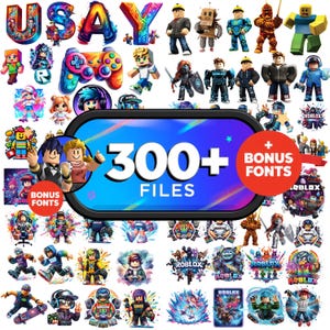 Può includere: Una raccolta di risorse digitali con vari personaggi dei cartoni animati, controller di gioco e la parola "ROBLOX". L'immagine include il testo "300+ FILES" e "BONUS FONTS". La tavolozza dei colori è vibrante, con sfumature di blu, rosso, giallo e verde.