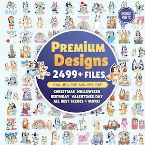 Op de afbeelding: Een verzameling digitale ontwerpen met stripfiguren, met de tekst "Premium Designs 2499+ Files". De ontwerpen bevatten personages in verschillende scènes, waaronder Kerstmis, Halloween en verjaardagsthema's. Formaten: PNG, JPG, PDF, SVG, EPS, DXF.