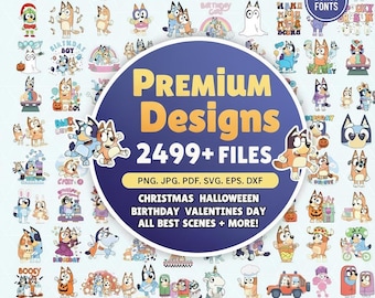 1999+ Bluey PNG.SVG Bundle + BONUS Schriftart! Bluey Hund Bingo Clipart Bundle-Set Original-Designs für Geburtstag Basteln Färbung Druck