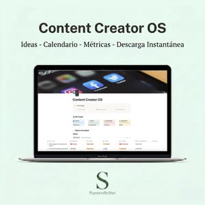 May include: A silver MacBook laptop displaying a webpage titled "Content Creator OS." The screen shows a content planning dashboard with sections for ideas, calendar, and metrics. The top of the screen has social media icons. The text "Ideas - Calendar - Metrics - Instant Download" is above the laptop.