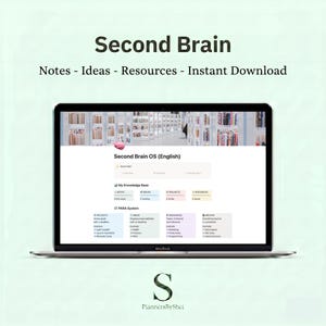 May include: A MacBook laptop displays a digital planner interface titled "Second Brain OS (English)". The screen shows a knowledge base with sections for notes, projects, and resources. The text "Second Brain" and "Notes - Ideas - Resources - Instant Download" are at the top.