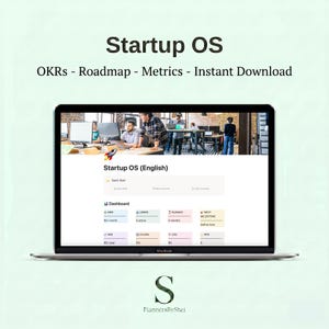 May include: A silver MacBook laptop showing a "Startup OS" dashboard with metrics and a rocket ship icon. The screen displays the text "Startup OS (English)" and "OKRs - Roadmap - Metrics - Instant Download". The laptop is set against a light green backdrop.