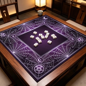 Tapete de mesa Mahjong com runas Wiccanas em forma de lua crescente prateada, estilo místico de Halloween, com moldura gótica.