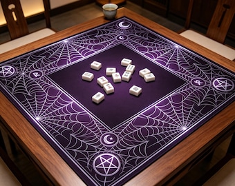 Silver Web Wiccan Crescent Moon Rune Mahjong Table Mat Mystic Halloween Gothic Frame Design