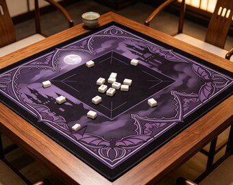 Gothic Purple Haunted Castle Bat Moon Mahjong Mat Spooky Halloween Gothic Frame Print，Dark Midnight Vampire Castle Bat Mahjong Table Mat