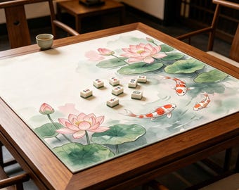 Watercolor Lotus Koi Fish Mahjong Mat Oriental Pond Floral Border,Gentle Pastel Lotus Koi Fish Mahjong MatOriental Watercolor Print.