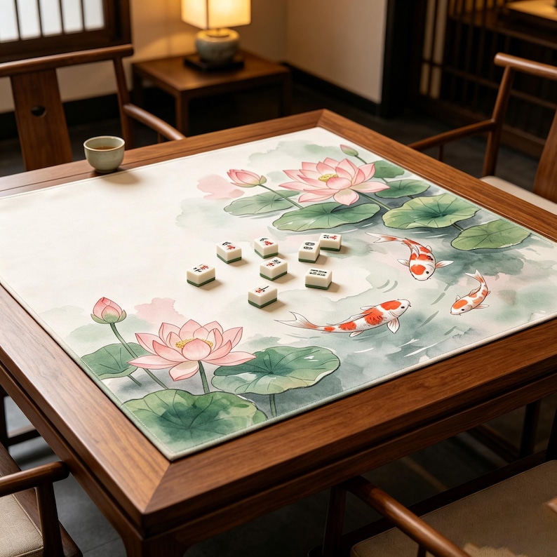 Tapete de Mahjong con peces Koi de loto en acuarela, borde floral oriental para estanque, tapete de Mahjong con peces Koi de loto en tonos pastel suaves, estampado oriental en acuarela. imagen 1