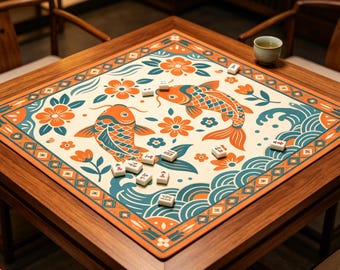 Folk Art Twin Koi Wave Mahjong Mat Orange Teal Floral Border Print,Vintage Folk Wave Koi Floral Mahjong Mat  Geometric Ornate Frame